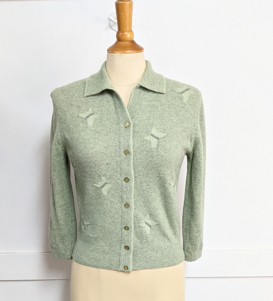 Vintage 1960s Angora Blend Cardigan Green Small